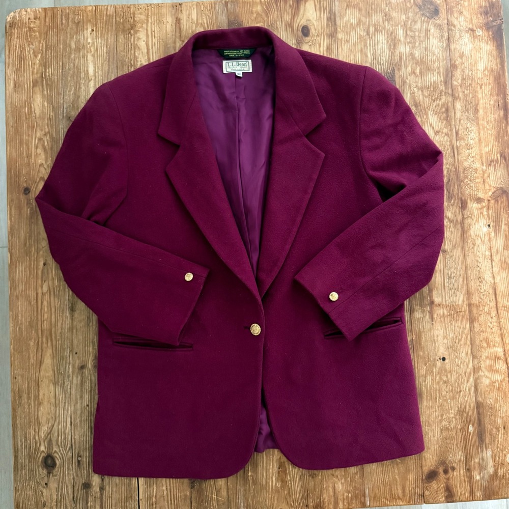 LL Bean Vintage 90's Brass 1-Button Plum Wool Blazer Jacket Made in USA 12P EUC